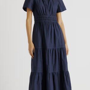 Quince 100% Organic Cotton Poplin Tiered Maxi Dress Navy NWT Size M